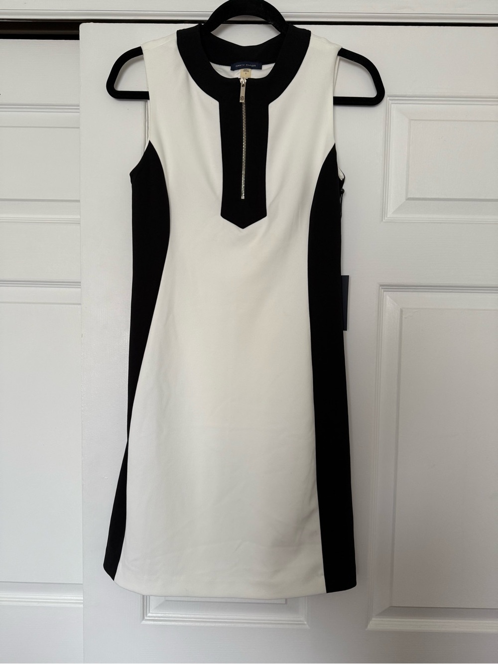 Tommy Hilfiger Black & White Sleeveless Zip-Front Midi Sheath Dress